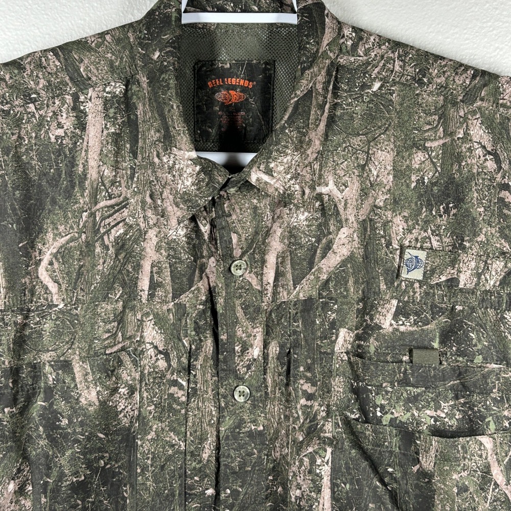 Reel Legends Mens XL Camo Fishing Shirt Vented Short Sleeve Button Down Green
